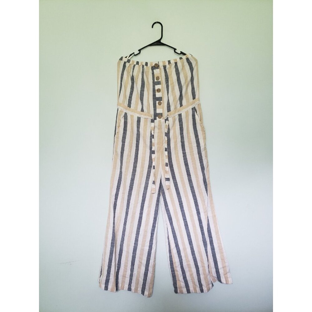 blue island Striped Strapless Jumpsuit in Cream, Blue & Tan
